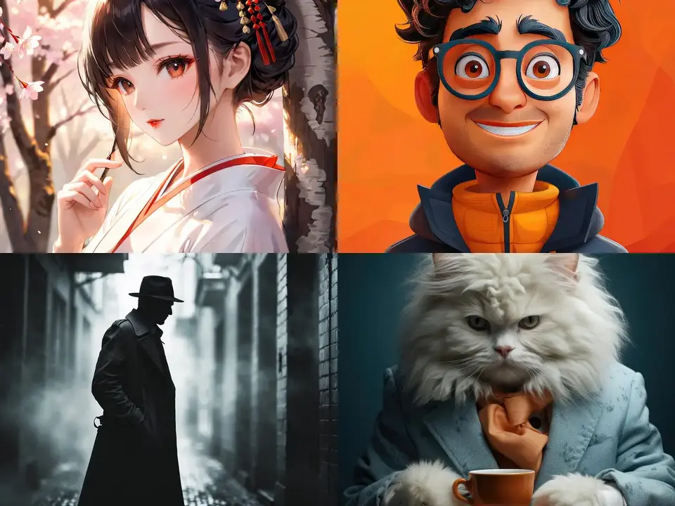 Коллаж ИИ-иллюстраций: аниме-портрет, 3D-персонаж, кадр нуара и кот в костюме